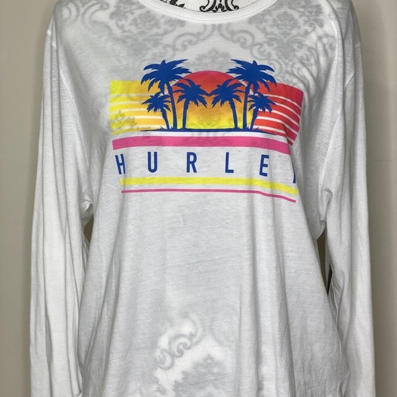 Hurley Tops - HURLEY WOMENS WHITE GRAPHIC CREW NECK LONG-SLEEVE CROP TOP* SIZE XS